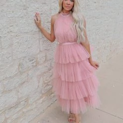 Wanna B Apparel Liv Mauve Layered Chiffon Dress