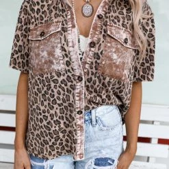 Love Sense Mocha Leopard Mineral Wash Button Up Top