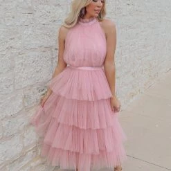 Wanna B Apparel Liv Mauve Layered Chiffon Dress