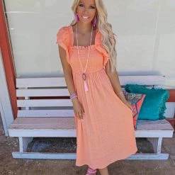 Bibi Apparel Adelaide Peach Ruffle Sleeve Maxi Dress