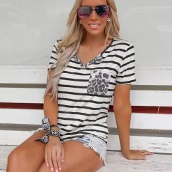 Vanilla Bay Jordyn Ivory And Black Striped Leopard Pocket Top Apparel