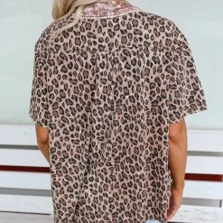 Love Sense Mocha Leopard Mineral Wash Button Up Top