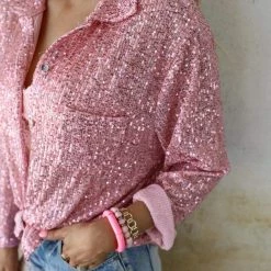 POL Rose Pink Sequin Button Up Shirt Apparel