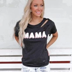 Bibi Black And Pink Distressed "Mama" Graphic Tee Apparel