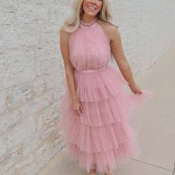 Wanna B Apparel Liv Mauve Layered Chiffon Dress