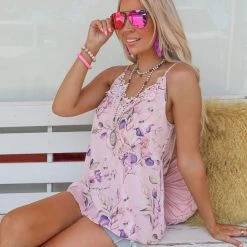 Bibi Blush Floral Lace Front Tank Top