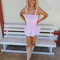 Hailey + Co Pink Gingham Smocked Tank Top