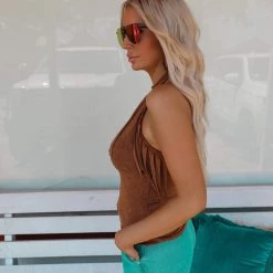 Blue Buttercup New Camel Mineral Washed Fringe Halter Top