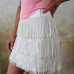Nylon Apparel Stella White And Gold Metallic Fringe Skirt
