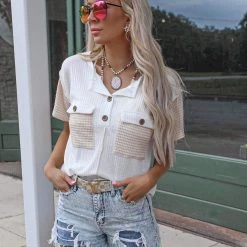 Bibi Sadie Off White And Oatmeal Waffle Top Apparel