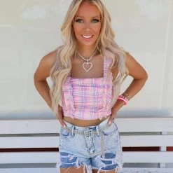 Bibi Pink Plaid Ruffle Strap Crop Top
