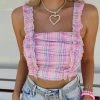Bibi Pink Plaid Ruffle Strap Crop Top