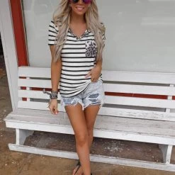 Vanilla Bay Jordyn Ivory And Black Striped Leopard Pocket Top Apparel