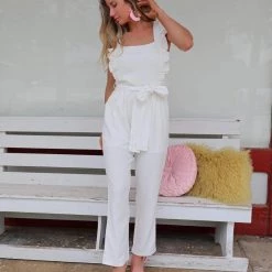 Blue Buttercup Apparel Lauryn Off White Ruffle Top Jumpsuit