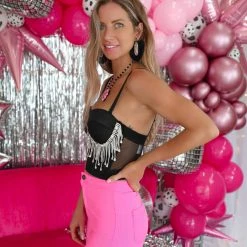 Julia Apparel Black Rhinestone Fringe Corset Top