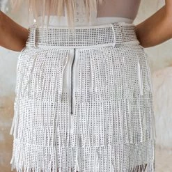 Nylon Apparel Amerie White And Silver Metallic Fringe Skirt