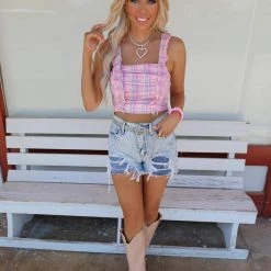 Bibi Pink Plaid Ruffle Strap Crop Top