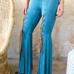 Blue Buttercup New Turquoise Mineral Washed Lace Up Front Pants