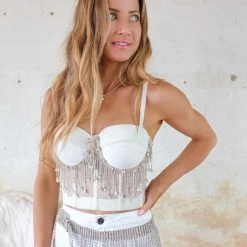 Julia Apparel White Rhinestone Fringe Corset Top