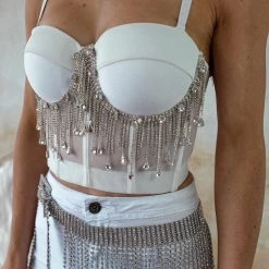 Julia Apparel White Rhinestone Fringe Corset Top