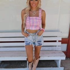 Bibi Pink Plaid Ruffle Strap Crop Top