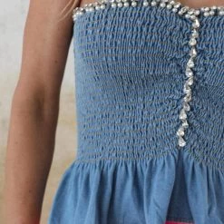 La Ros Novah Denim And Rhinestone Smocked Tube Top Apparel