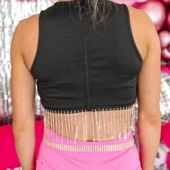 Mundefeis Black Rhinestone Fringe Crop Top Apparel