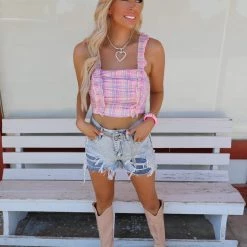 Bibi Pink Plaid Ruffle Strap Crop Top