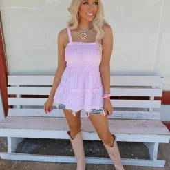 Hailey + Co Pink Gingham Smocked Tank Top