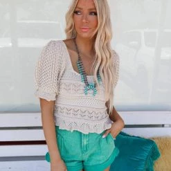 Bibi Callie Cream Square Neck Crochet Top Apparel