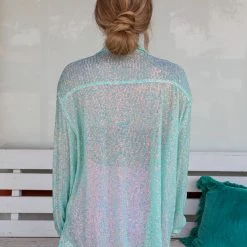 POL Apparel Aqua Sequin Button Up Shirt