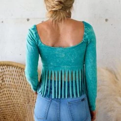 Blue Buttercup Turquoise Mineral Dyed Fringe Crop Top