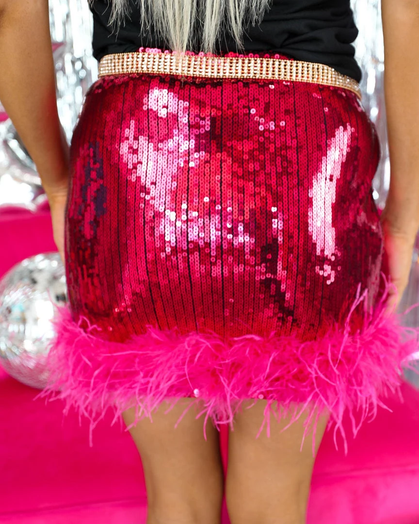 La Ros Hot Rose Sequin And Feather Trim Skirt