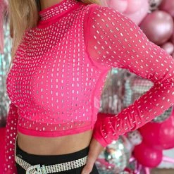 Hot + Delicious Hot Pink Rhinestone Embellished Sheer Top Apparel