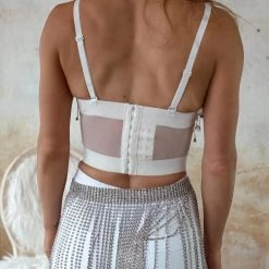 Julia Apparel White Rhinestone Fringe Corset Top