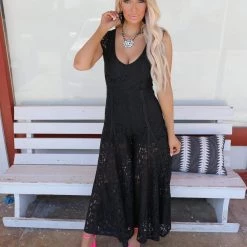 Blue Buttercup Apparel Lacie Black Lace Wide Leg Jumpsuit