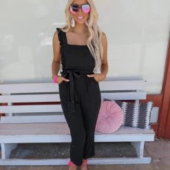 Blue Buttercup Apparel Lacie Black Lace Wide Leg Jumpsuit