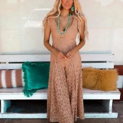 Blue Buttercup Apparel Janie Tan Lace Wide Leg Jumpsuit
