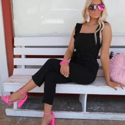 Blue Buttercup Becky Black Ruffle Tie Waist Jumpsuit