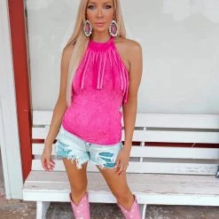 Blue Buttercup Fuchsia Mineral Washed Fringe Halter Top Apparel