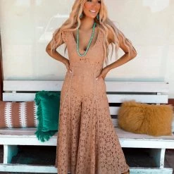 Blue Buttercup Apparel Janie Tan Lace Wide Leg Jumpsuit