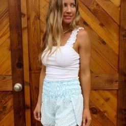 Bibi Light Blue Seersucker Smocked Waist Shorts Apparel