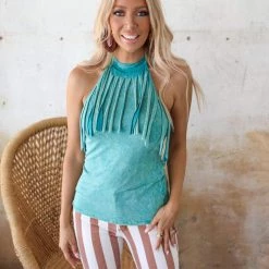Blue Buttercup Turquoise Mineral Washed Fringe Halter Top Apparel