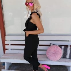 Blue Buttercup Becky Black Ruffle Tie Waist Jumpsuit