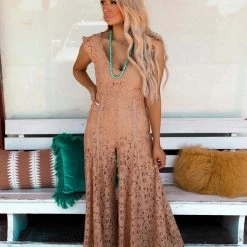 Blue Buttercup Apparel Janie Tan Lace Wide Leg Jumpsuit