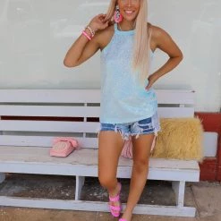 Haptics Apparel Sierra Light Blue Sequin High Neck Tank