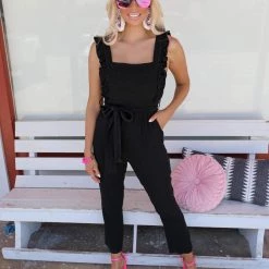 Blue Buttercup Becky Black Ruffle Tie Waist Jumpsuit