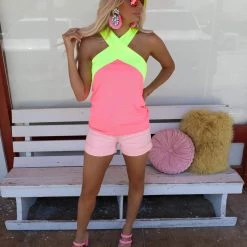 Bibi Neon Pink And Yellow Halter Top