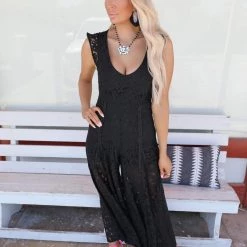 Blue Buttercup Apparel Lacie Black Lace Wide Leg Jumpsuit