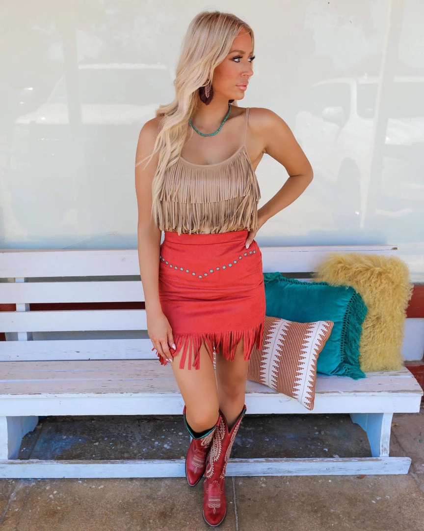 Fashion Express New Rust Suede And Concho Mini Skirt